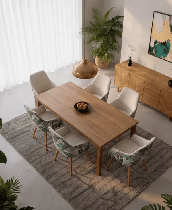 Comedor con mesa de madera y sillas tapizadas