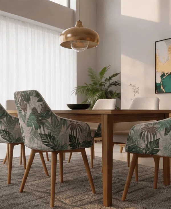 Comedor moderno con sillas estampadas