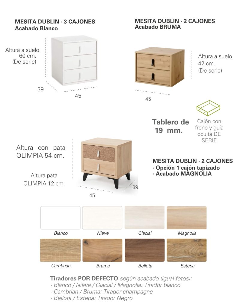 Medidas de mesita Dublin en 2 y 3 cajones con opciones de acabados y tablero de 19 mm