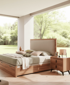 Dormitorio Lisboa con canapé abatible, cabecero con panel tapizado y mesita con patas metálicas negras, personalizable con diferentes modelos de patas